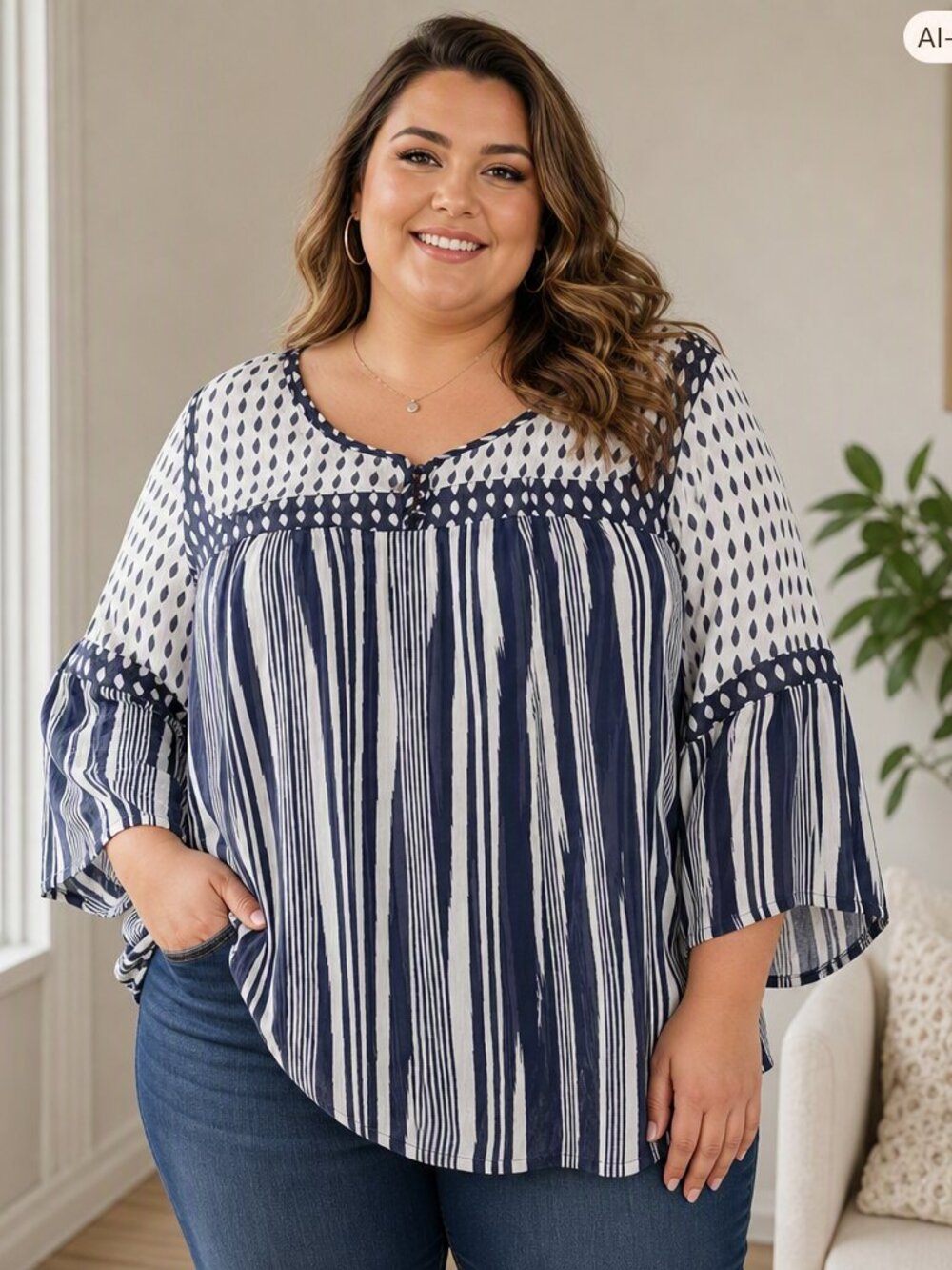 Style & Co. Navy and White Mixed-Print Peasant Tunic EUC -3X